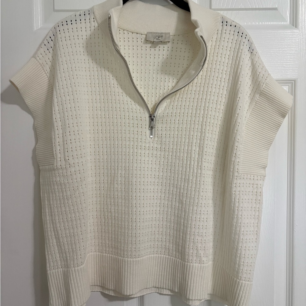 LOFT Cream Boxy Polo Top with Cap Sleeves